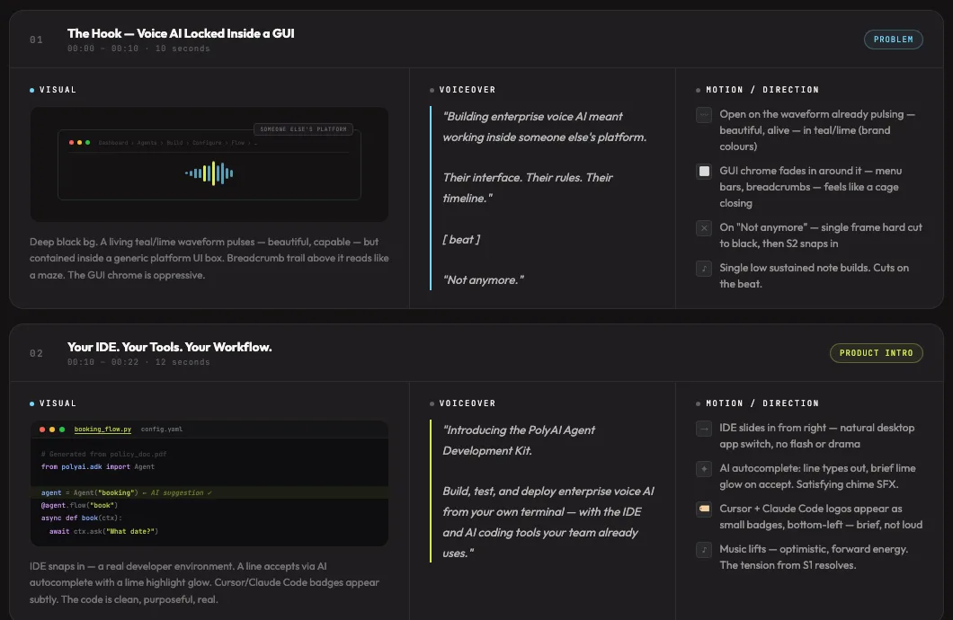 Storyboard generated with Claude from the script: two scenes with visual, voiceover and motion columns
