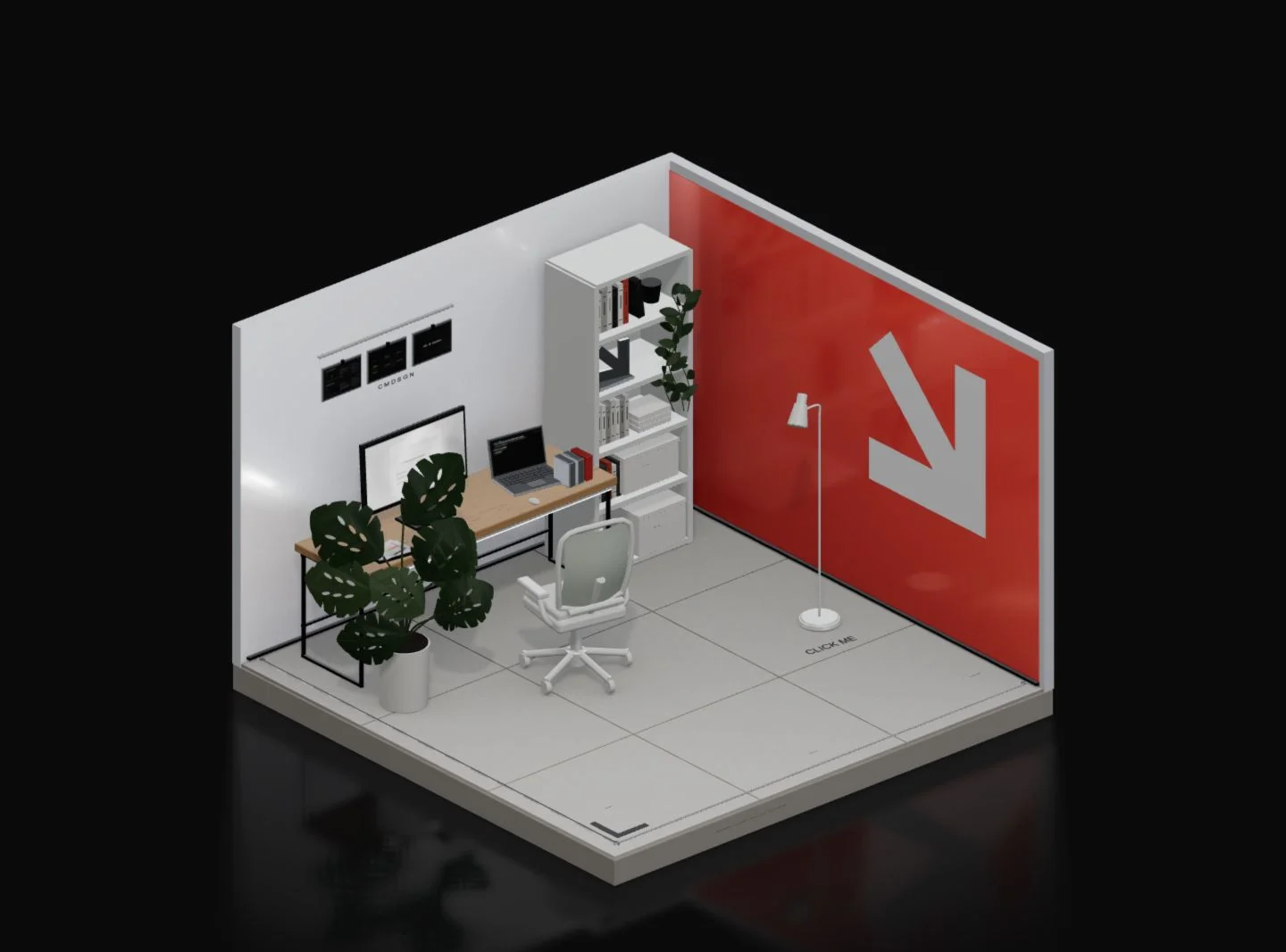 A cutaway of the studio in ink mode, with white furniture and the mark on the red wall