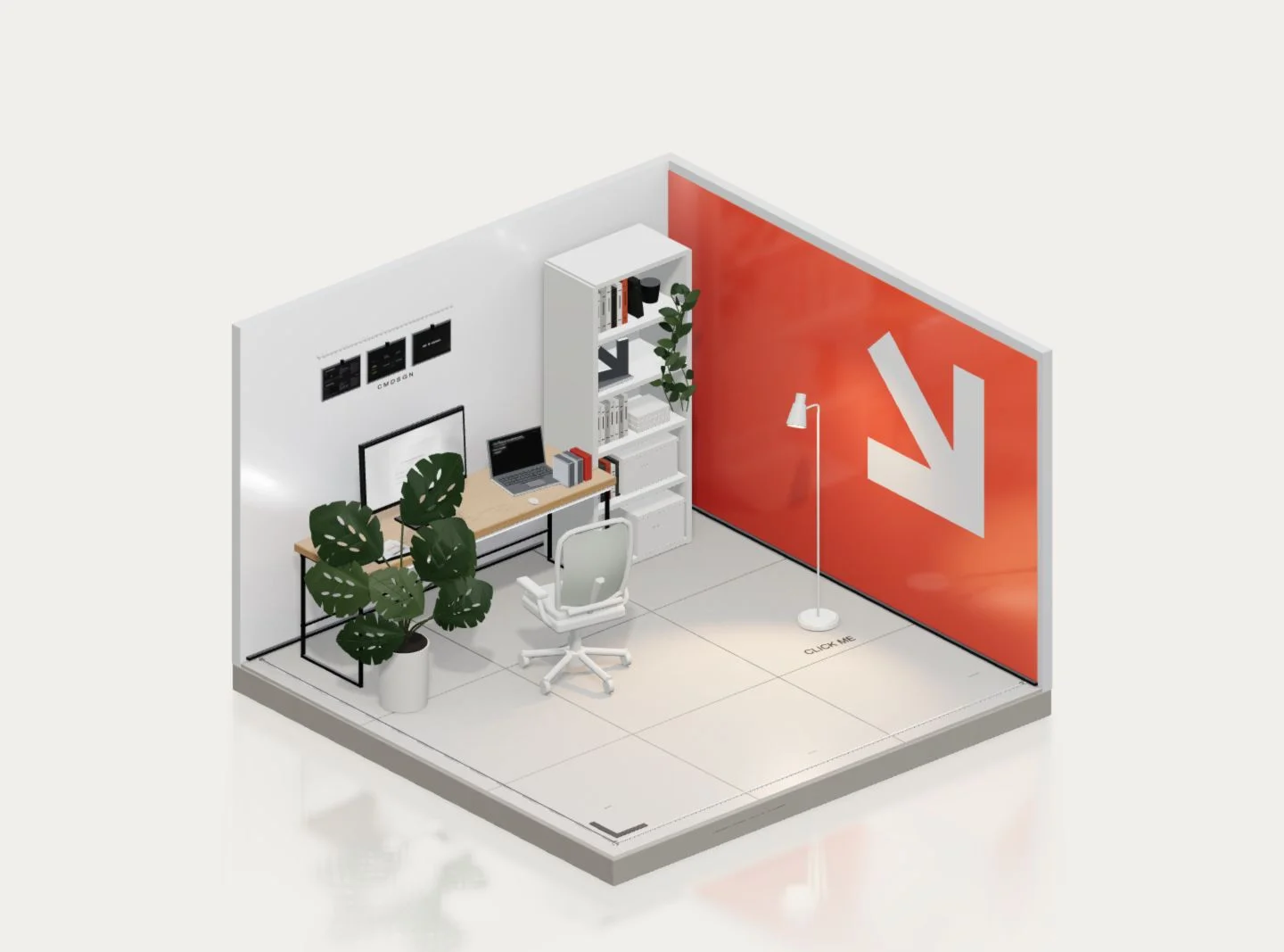 A cutaway of the studio: a desk, a chair, a plant, a bookcase, a lamp, and the mark on the red wall